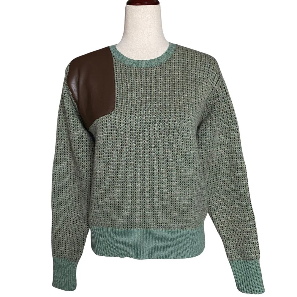 Ralph Lauren Faux Leather Trim Wool Blend Sweater Womens SP Green Old Money Prep